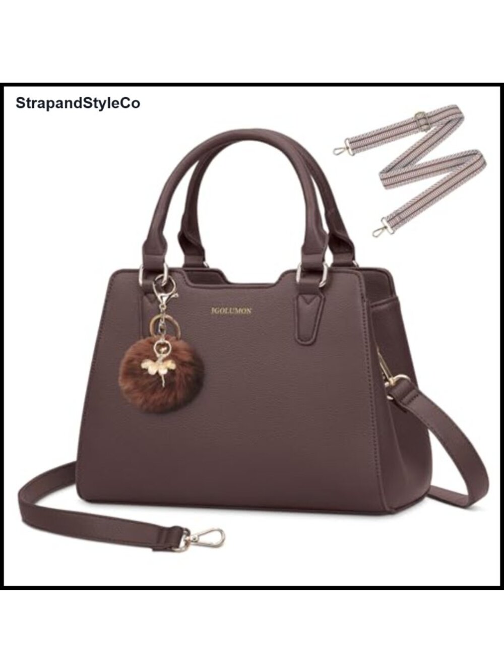 Women's PU Vegan Leather Satchel Top-Handle Tote Handbag with Pompom